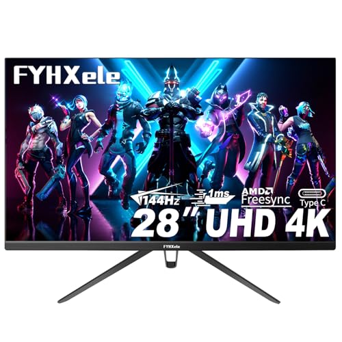 FYHXele 28インチ 4K UHD ゲーミングモニター 144Hz 1ms、HDR400搭載IPSモニター 100%sRGB、AMD FreeSync/G-Sync、ゲーム用、オフィス用、Type-C/HDMI/USB用PCモニター、内蔵スピーカー、VESAマウント、ブルーライトフィルター。 28 inch 4K UHD 144 Hz