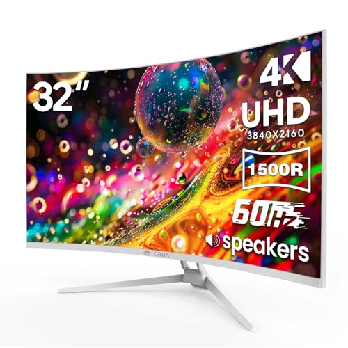 CRUA 32インチホワイトカーブモニター、4K UHD(3840*2160P) 1500R VAスクリーン、75Hzコンピューターモニター AMD Freesync対応、120%sRGB、内蔵スピーカー、ブルーライトフィルター、壁取り付け可能(HDMI 2.0/DP 1.4) CR320C