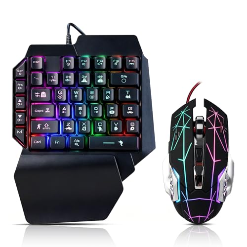 Guiheng 有線 片手ゲーミングキーボードとマウスのコンボ レインボーLEDバックライト付き 39キー ポータブルミニゲームキーパッド 人間工学に基づいたゲームコントローラー PCゲーマー用 ブラック