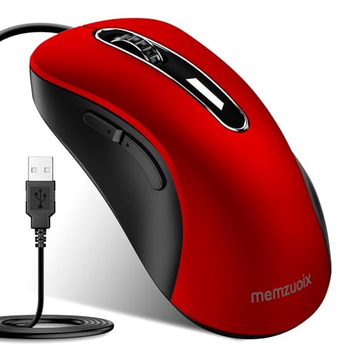 memzuoix 有線マウス USBコンピュータマウス 1400DPI モバイル光学マウス 人間工学デザイン コンピュータマウス 5フィートのコード付き ノートパソコン、PC、デスクトップ、MacBook、5ボタン(ザクロレッド) M-697