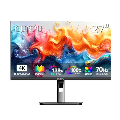 CUNPU 27インチ 4K 70Hz モニター UHD (3840 x 2160) IPS ウルトラスリムベゼルモニター フォトビデオ編集用 ΔE < 2 100%DCI-P3 1.07B+カラー PIP-PBP、アダプティブ同期、DP/HDMI、ブラック S027/32/34ES