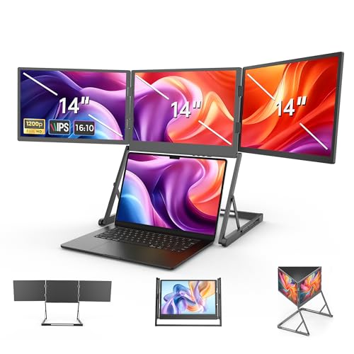 HIZIM 14インチノートパソコンスクリーンエクステンダー 360度回転軸デザイン ポータブル折りたたみ式トリプルモニター HDMI/USB-C Windows、Mac対応