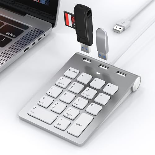 HUQIDAO テンキー 有線 USB ハブ 3ポート バスパワー 薄型 18キー テンボード Mac用 USB-A接続 3つのUSB2.0ポートを装備 Mac ボード PC/Laptop/Windows/iOS/Android 対応 多機能外付けテ ン 107HGG