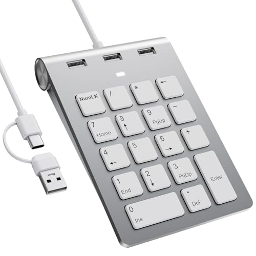 Cbcuyle 有線テンキーパッド USB A/USB C付き 多機能キー ナンバーパッド 3つの追加USB 2.0ポート 18キー 15°人間工学に基づいたプログラム可能なテンキー ノートパソコン ノートパソコン デスクトップ用