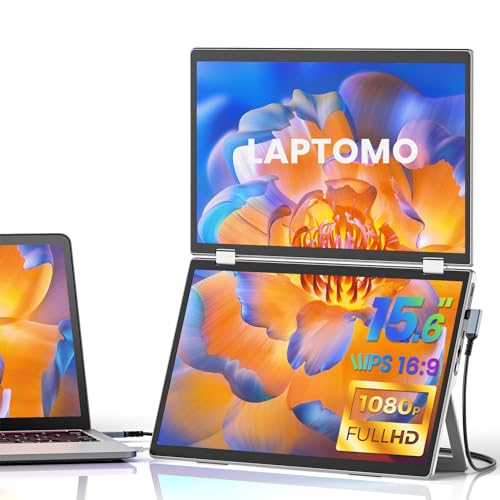Laptomo M2 デュアルポータブルモニター ノートパソコン用 15.6インチ 1080P ノートパソコン画面エクステンダー 折りたたみ式トリプルスクリーンモニターエクステンダー PC/Mac/Windows用 キックスタンド付き 180度回転 折りたたみ式 VESA