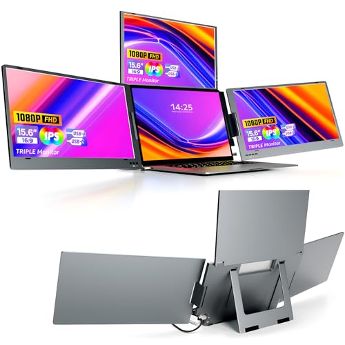 HPYWTJY 【ドライバーUSB+説明書付き】トリプルポータブルモニター 15.6インチ ノートPC用 4画面化可能 外部電源不要（Type-C給電） 自動輝度調整 折りたたみ 軽量設計 11〜17インチノート対応 FHD IPS 100%sRGB 出張・カフェ・テレワークに最適 [並行輸入品] HP-BHK9