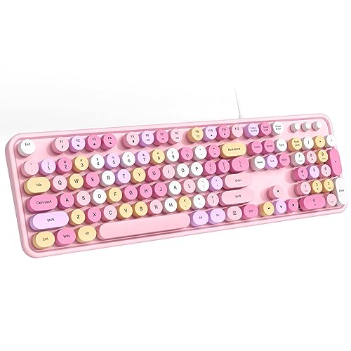 Mofii 有線キーボード フルサイズ レトロ タイプライターキーボード ラウンドキー かわいいコンピューターキーボード USBプラグアンドプレイ PC ノートパソコン デスクトップ Windows用 (ピンクカラフル)