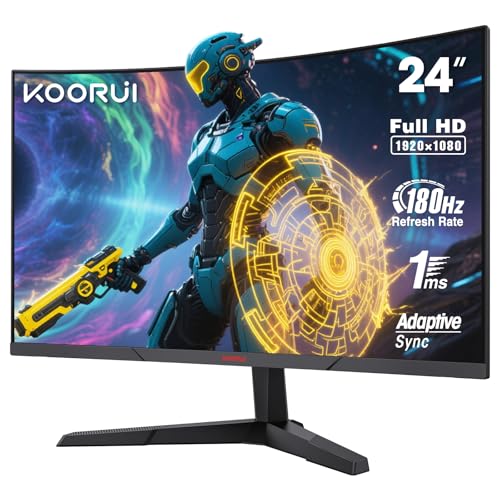 KOORUI 24インチ 曲面ゲーミングモニター 180Hz 1ms、FHD 1080p 1500R カーブディスプレイ アダプティブ同期、99%sRGB、HDR10、アイケア、VESA対応、HDMI2.0X2 &DP1.2、傾斜調整可能、ブラック 24E6CA
