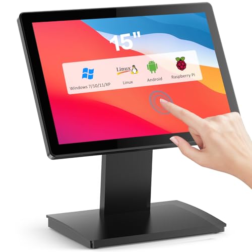 NewHail 15インチタッチスクリーンPOSモニター、HDMI/VGA静電容量式スクリーンディスプレイ、ヘビーデューティーメタルスタンド付き、小売店、レストラン、バー、ジム、倉庫、POSシステム用 PM15T-N