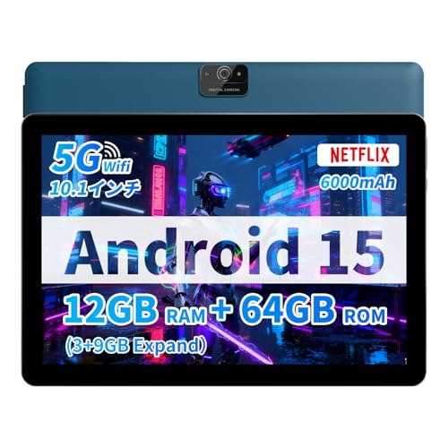 VASOUN 10インチ Android 15 タブレット, 12GB(実装3GB+拡張9GB) RAM 64GB ROM, 6000mAh バッテリー, 1280×800 IPS, デュアルスピーカー, デュアルカメラ, Type-C （ブルー） M10