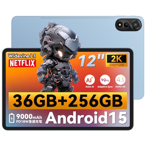 Blackview MEGA2 タブレット 12インチ、Android 15、Wi-Fiモデル、2K解像度 2000x1200、36GB RAM+256GB ROM+2TB拡張可能、9000mAh バッテリー、8コア CPU、Widevine L1対応 (36GB+256GB, ブルー, 12インチ) MEGA2 WiFi