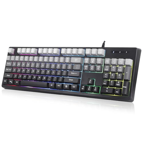 HUO JI ゲーミングキーボード 有線 英語配列 テンキー付き メカニカルタッチ メンブレン RGBバックライト Nキーロールオーバー 防滴設計 人間工学 ゲーム & オフィス両用 PS/PC/Mac対応 グレー