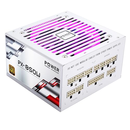 POINWER 850W 電源 - 80 Plus Gold認定、サイレントRGBファン、105°Cコンデンサ、フルモジュラー、ゲームPC用850W PSU - ホワイト 850W-White