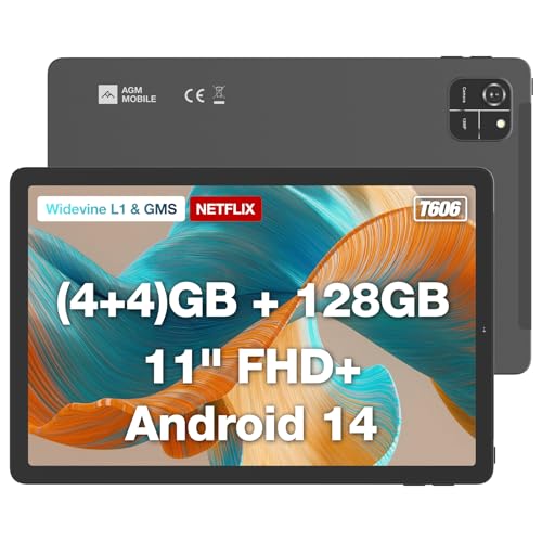 AGM タブレット 11 インチ Android14 Widevine L1対応 8GB+128GB コアCPU 1920*1200解像度FHDディスプレイ 7000mAhバッテリー GPS+GMS認証+顔認識+無線投影+画面分割 アンドロイドタブレット 日本語取扱説明書付 (保護ケースと保護フィルム) PAD T2