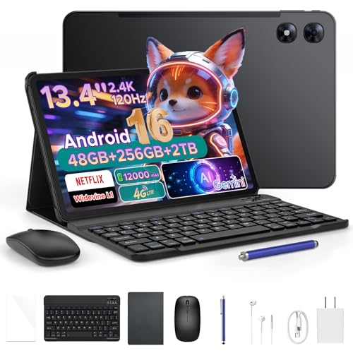 Luzglo 【2026新登場 Android16 タブレット 13.4インチインチFHD+大画面、2.4K 120Hz、4G LTE】P13 Pro アンドロイドタブレット、48GB+256GB+2TB拡張対応、T7280 8コアCPU、12000mAh 18W、Gemini AI搭載、Widevine L1、デュアルSIM、顔認識、5GWiFi、キーボード、スタイラスペン付き、仕事、学習、動画視聴に適, 黒