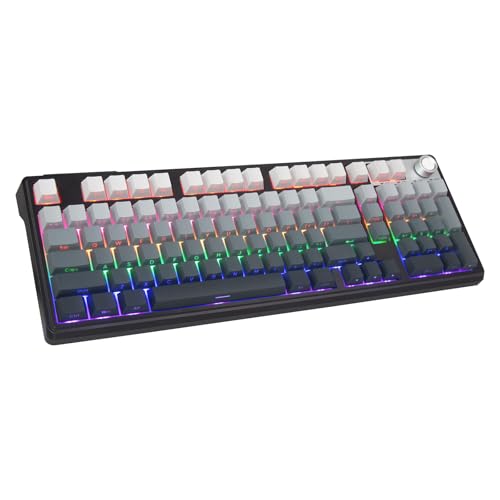 HUO JI ワイヤレス ゲーミングキーボード【BT/2.4G/有線】メカニカル 赤軸 静音 98キー テンキー付き ノブ搭載 ホットスワップ N キーロールオーバー RGB バックライト 4000mAh 英語配列 Windows/Mac 対応 (グレー) z11