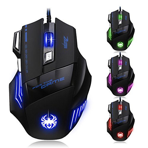 ZELOTES 人間工学ゲーミングマウス 高速発射ボタン 7200DPI (5段階調整可能) 7ボタン LED照明 USB有線光学式マウス オフィス/ゲーム用 ノートパソコン/PC対応 (ブラック) T80