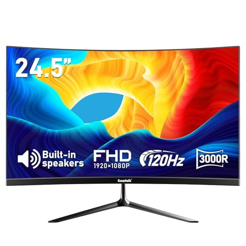 Gawfolk 24.5インチゲーミングカーブモニター内蔵スピーカー、3000R 120Hz PC画面フルHD 1080P、HDMI 2.0、VGA、ウォールマウント対応 75 * 75mm GF245A