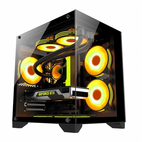 Hhpqlyy ミドルタワー パノラマルーム atx ピラーレス type-c高速インターフェースUSB3.0 合金鋼強化ガラス ATX/M-ATX/ITX/Micro-ATXマザーボード対応 空冷対応 35*27*35cm,黒,パノラマ