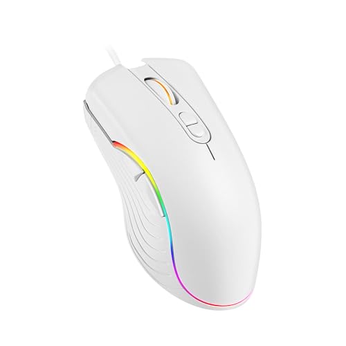 マウス 有線 人間工学 ゲーミングマウス コード付き 5色 RGB ライティング バックライト マウス ロングケーブル (155cm/61インチ) 7ボタン 4レベル 2400DPI 調節可能 旅行出張用 Windows/iOS / Android ノートパソコン/PC用 (ホワイト) ゲーミングPC 61インチ
