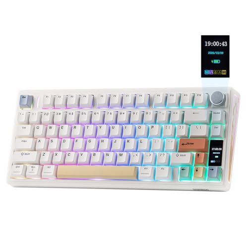 EPOMAKER TH80 V2 PRO ワイヤレスゲーミングキーボード 画面＆ノブ付き10000mAh 2.4GHz/BT/USB-C RGB ホットスワップ カスタムドライバー NKRO PBTキーキャップ PC/Mac用メカニカルキーボード (White, Sea Salt Silent)