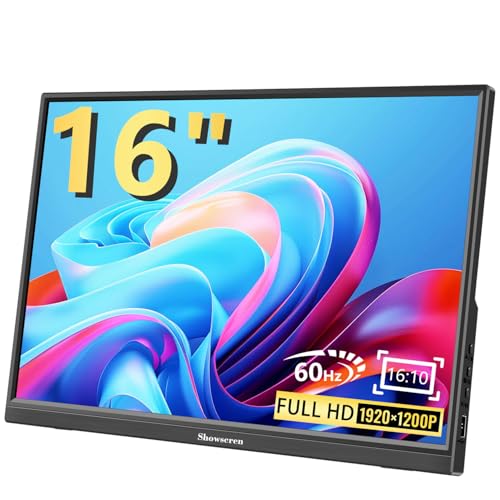 Showscren ポータブルモニター 16インチ、フルHD 1920X1200P ディスプレイ 300cd/明るさ、60Hz IPS LCDパネル、100%RGB、内蔵スピーカー、HDMI USB Cポータブルモニター、ノートパソコンPC、PS3/PS4スイッチ用。 HD-16INCH