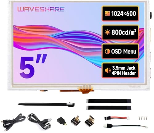 TUOPUONE 5インチ高輝度(800cd/m²)タッチスクリーン、1024x600ピクセル、強化ガラスパネル、HDMIインターフェイス、IPSパネル、狭ベゼル抵抗タッチ(5DP-CAPLCD-G)