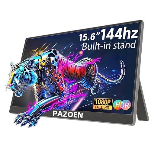 PAZOEN 15.6インチ独立型モバイルディスプレイ144 Hz高速応答IPS LCDパネルポータブルディスプレイ1920 x 1080 FHDポータブル軽量ゲームディスプレイUSB Type-C/Mini HDMIポート互換PS 4/PS 5/XBOX/Switch/PC/Macなどビジネスマン、学生、ゲームプレイヤーに適している A156-FHD-IPS-144HZ