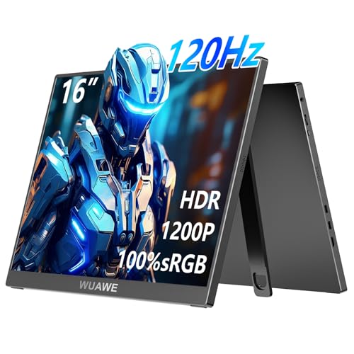 WUAWE 16インチ 1200P 120Hz ポータブルモニター 100%sRGB 内蔵スタンド付き HDRとFreesync、ノートパソコン、PC、電話、スイッチ、Xbox、PS5用の外付けUSB C (ブラック) WAB1604