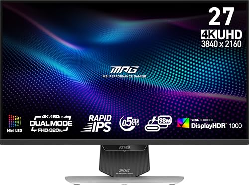 MSI MPG 274URDFW E16M 27インチ 3840 x 2160 (UHD) ゲーミングモニター 160Hz AMD Adaptive Sync HDR対応 HDMI VGAポート VESAマウント可能 チルト 4面スリムベゼル 0.5ms ホワイト
