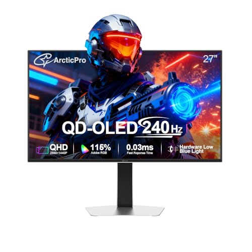 ArcticPro 27インチ QD-OLED ゲーミングモニター 240Hz 0.03ms(GtG) QHD 2560x1440p 145%sRGB 高さ調節可能 縦/横回転 アイケア HDMI*2 DP*2 スピーカー*2 1500000:1 コントラスト ホワイト AD27GOQ4