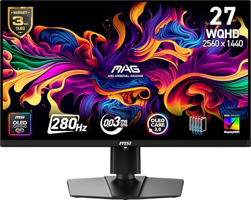 MSI MAG 271QP QD-OLED X28 27インチ 2560 x 1440 (QHD) ゲーミングモニター 280Hz アダプティブ同期 HDR対応 HDMI VGAポート VESAマウント可能 チルト 4面スリムベゼル 0.03ms ブラック