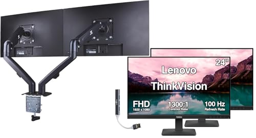Lenovo ThinkVision 24インチ FHD IPSモニター 応答時間4ms、アンチグレア、ちらつきなし、VESAマウント(100mm)、ディスプレイポート、HDMI&DKZハブ ブラック 2パック ErgoFlexy デュアルモニターマウント