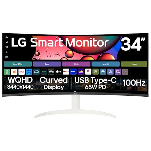 LG 34SR63QA-W 34インチ スマートカーブモニター ストリーミングTV付き QHD 1440p ウルトラワイドスクリーン USB Type-C 65W PD、1800R webOS HDR10 100Hz、内蔵スピーカー、AirPlay2、画面共有、Bluetooth、ホワイト 34SR63QA-W.AUS