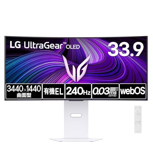 LG 【VGP 2025 Summer 金賞】LG ゲーミングモニター UltraGear OLED 34GX90SA-W 33.9インチ 曲面 800Ｒ/3440×1440/240Hz/有機EL/0.03ms/webOS/DCI-P3 98.5%/AirPlay 2/Miracast/USB Type-C（最大65W給電）/HDMI（eARC）/有線LAN/リモコン付属