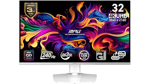 MSI MPG 321URXW QD-OLED 32インチ 3840 x 2160 (UHD) モニター、240Hz、アダプティブ同期、HDMI、DPポート、VESAマウント可能、チルト、スピーカー、0.03ms、ホワイト