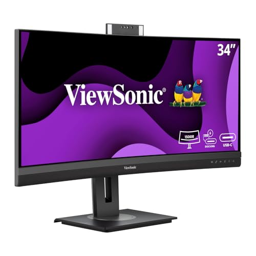 ViewSonic VG3457CV 34インチ ウルトラワイド QHD 1440p 曲面ビデオ会議ドッキングモニター Windows Hello対応 IR ウェブカメラ 高度な人間工学 100W USB C 家庭やオフィス用