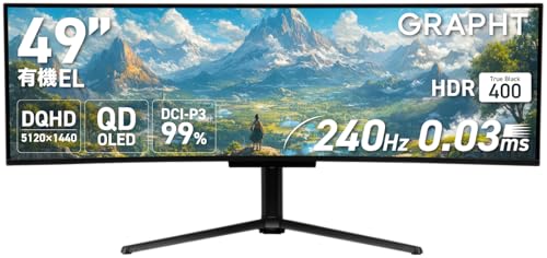 GRAPHT 【49インチ 有機EL 240Hz 日本メーカー】ウルトラワイド ゲーミングモニター 曲面 湾曲 0.03ms DQHD (5120x1440) OLED 量子ドット (2年保証 | 輝点保証 | 高さ調整 | DisplayPort1.4 | HDMI 2.1 | VESA100x100 | DCI-P3 99% | 2.1chスピーカー内蔵) GR4924COEL-BK GRT064-4924COEL-BK