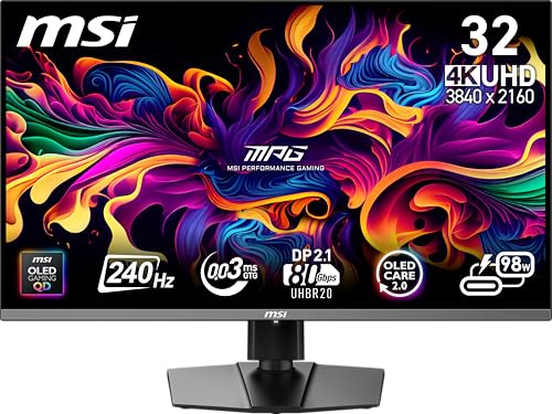 MSI MPG 322URX QD-OLED 32インチ 3840 x 2160 (UHD) コンピューターモニター 240Hz 適応同期 HDMI DPポート VESAマウント可能 チルトスピーカー 0.03ms ブラック
