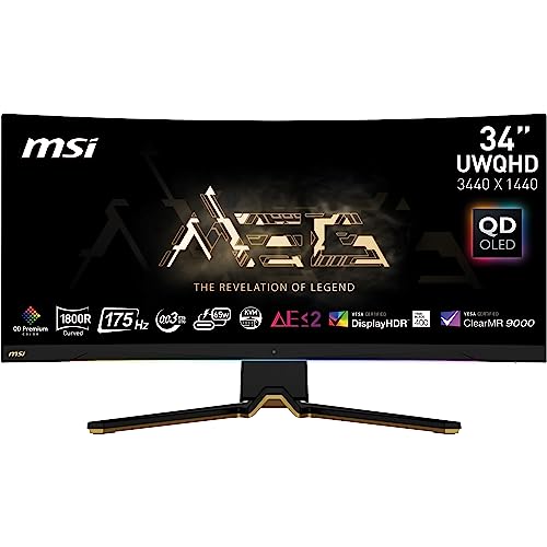 MSI MEG 342C QD OLED, 34" Curved Gaming Monitor, 3440 x 1440 (UWQHD), OLED, 0.1ms, 175Hz, FreeSync Premium, HDR 400, HDMI, DP Port, USB Type C, Tilt, Height
