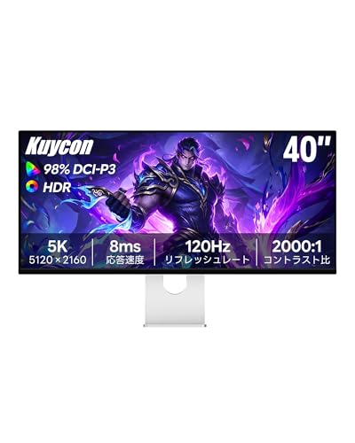 Kuycon P40K 40インチ FHD (5120 x 2160) 5K 120Hz モニター、IPS、10億7000万色、sRGB 99%、応答速度8ms、HDR、コントラスト比2000:1、アイケア機能、アンチグレア (ミニマルデザイン - スタンド付き) A-P40K
