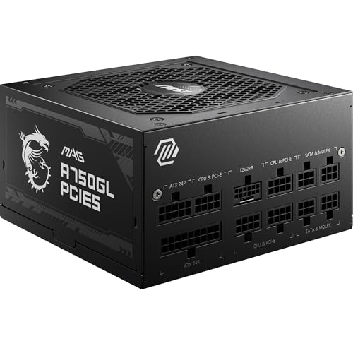 MSI MAG A750GL PCIE5 Netzteil, 750W, 80 Plus Gold vollmodular, ATX 3.0, unterstützt PCIe 5.0 GPU, 120mm FDB Lüfter mit dynamischen Kugellager, Full-Bridge LLC, Schwarze Flachkabel - 7 Jahre Garantie 306-7ZP8B11-CE0