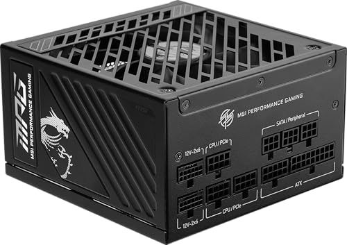MSI MPG A1000GS PCIE5 II、完全モジュラーゲーミング1000W電源、80+ゴールド、デュアル12V-2x6ケーブル、サーバーグレードコンデンサ、ATX 3.1 & PCIe 5.1対応、低ノイズ、8ピンPCIe x 3。