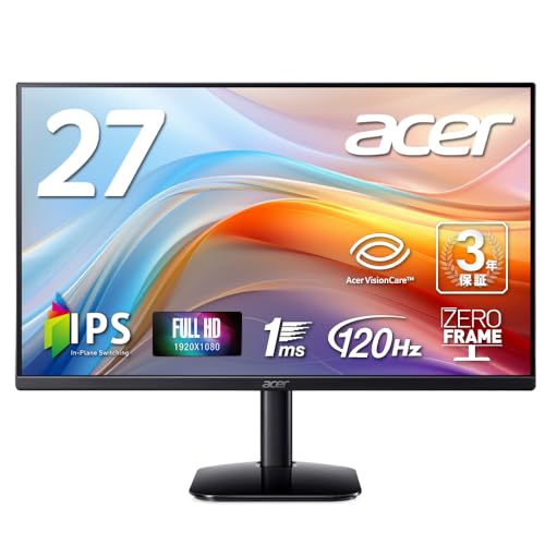 acer モニター 27インチ フルHD 非光沢 IPS 120Hz 1ms(VRB) sRGB 99% AdaptiveSync HDMI 1.4 ミニD-Sub 15ピン スピーカー・ヘッドフォン端子搭載 VESAマウント対応 ゼロフレームデザイン 3年保証(パネルは1年) KA272G0bmix