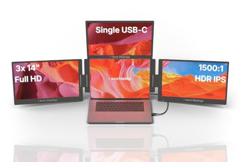 Aura Displays Triple Boost 14インチ Pro | プレミアムトリプルポータブルモニターエクステンダー | フルアルミニウム | クアッドスクリーン | 3×14インチ FHD 1080P HDR IPS | USB-C & HDMI | 11インチ~18インチのノートパソコンに対応 (Windows、Mac) Triple Boost Pro 14"