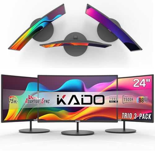 Kado トリプルモニターセットアップ - 3パック 24インチ カーブ 1920x1080 コンピューターモニター 1500R 75Hz VESA マウント HDMI オフィス ゲーミング ハイブリッド 内蔵スピーカー (C24X トリオシリーズ) C24X-TRIPLE