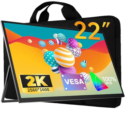 EVICIV モバイルモニター 22インチ 2K 保護ケース付き 大画面 QLED モバイルディスプレイ 自立型 スタンド付き ポータブルモニター 非光沢 2560x1440 150% sRGB IPS 液晶パネル 壁掛け VESA対応 HDR 持ち運び サブモニター スピーカー内蔵 Type-C/MINI HDMI端末 PS/XBOX/Switch/PC/Macなど対応 EV2201