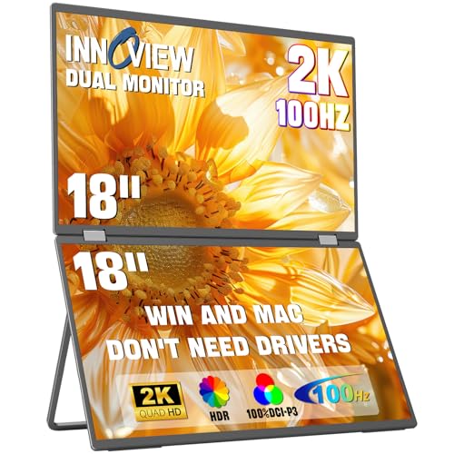 InnoView 18インチ 2K 100Hz デュアルポータブルモニター 100%DCI-P3デュアルモニター 315°調節可能なスクリーンエクステンダー Windows Mac ノートパソコン用 スピーカー付き Type-C HDMI DP 折りたたみ式 2560x1600 モニター(ドライバー不要) INVPM809
