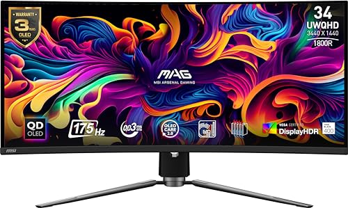 MSI MAG341CQP QD-OLED、34曲OLEDゲーミングモニター、3440×1440(UWQHD)、OLED 0.03ms応答時間、175Hz、トゥルーブラックHDR 400、HDMI、DPポート、USB Type C、チルト、高さ