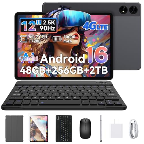 TABWEE 【Android16 タブレット 12インチ】TABWEE T60 アンドロイド タブレット SIMフリー、2.5K IPS大画面、48GB+256GB+2TB拡張、Widevine L1 Netflix対応、90Hz 2400×1600解像度、T7280 8コアCPU たぶれっと、10000mAh PD18W 急速充電 4G LTE、タッチペン/ケース/キーボード付き 学習/仕事/動画編集に適 T60A16 Tablet